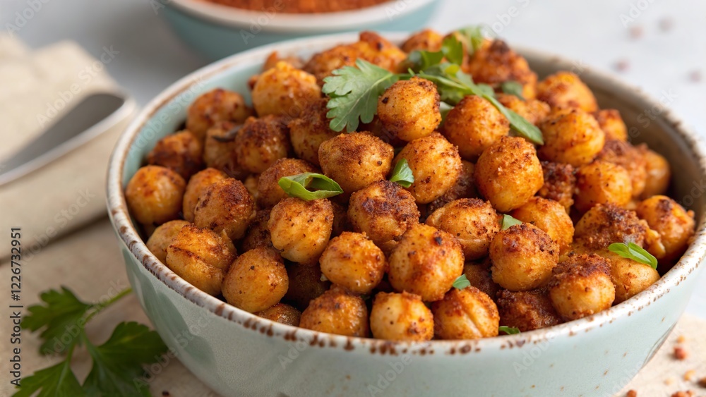 Close up of a bowl filled with perfectly roasted chickpeas seasoned with spices and garnished with fresh herbs Close up of a bowl filled with perfectly roasted chickpeas seasoned with spices and garnished with fresh herbs