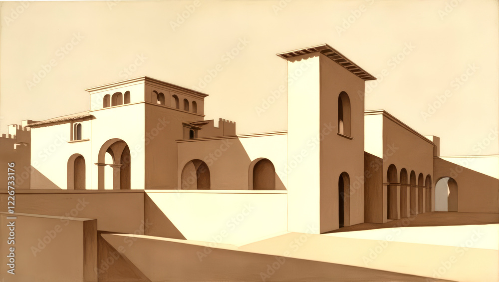 Fototapeta premium Minimalist Renaissance Architecture. A Geometric Composition of Buildings and Open Space in Neutral Tones, Emphasizing Clean Lines and Simple Forms. 3