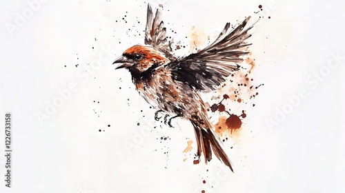 Sparrow on white background, oil painting  photo