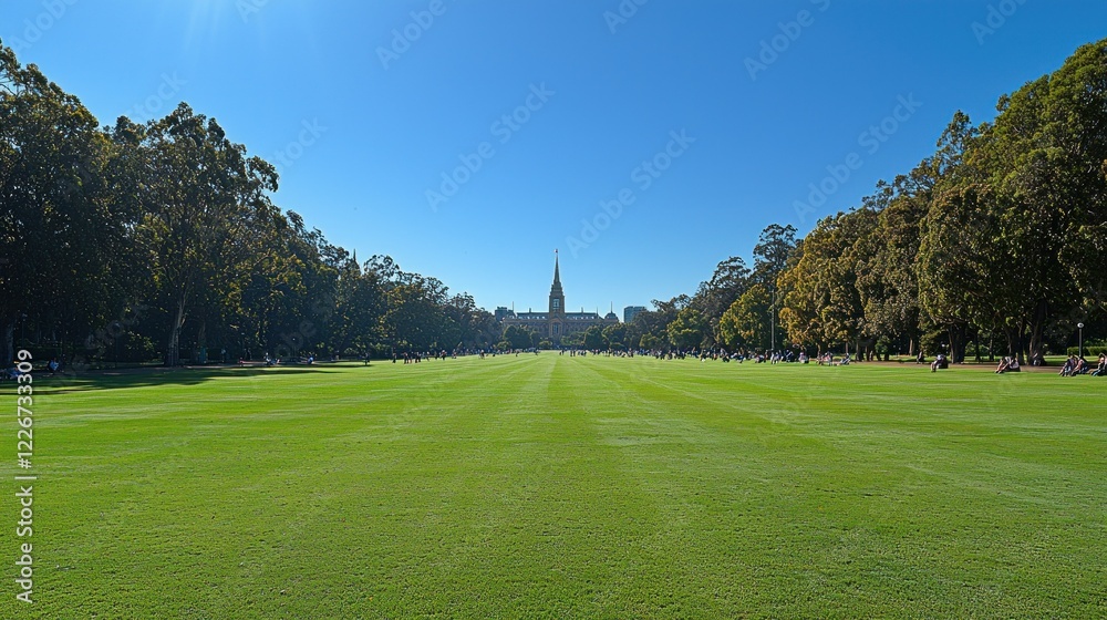 Long green lawn view with trees and distant building. Long green lawn view with trees and distant building.