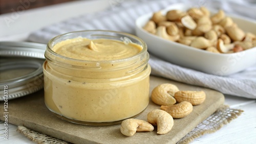 Homemade cashew butter in a small jar alongside whole cashews on a wooden board in a cozy kitchen setting