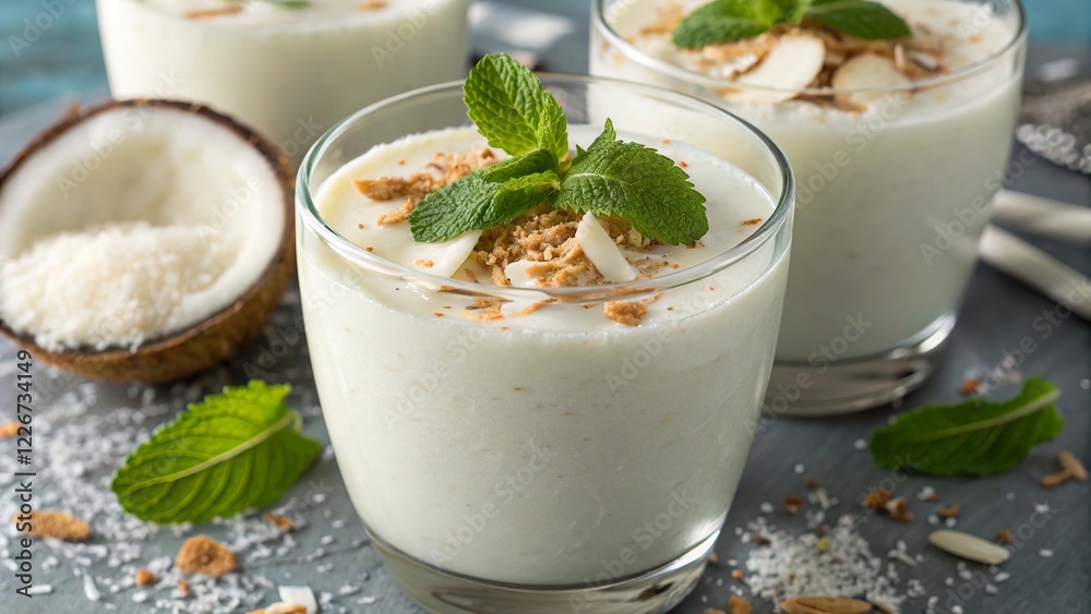 Refreshing coconut smoothie garnished with shredded coconut and mint, served in a glass on a rustic table adorned with coconut pieces Refreshing coconut smoothie garnished with shredded coconut and mint, served in a glass on a rustic table adorned with coconut pieces