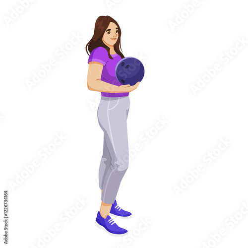 Woman holding a bowling ball, dressed in casual sportswear, standing on a white background. Concept of leisure and bowling activity. Vector illustration