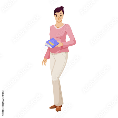 A woman in a pink top holding books, standing confidently, white background, casual style, concept of education and knowledge. Vector illustration
