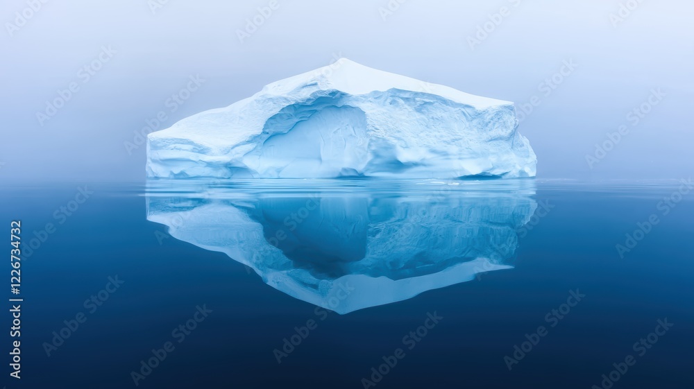 Obraz premium A serene iceberg floats in calm waters, reflecting its majestic form against a backdrop of misty blues, evoking a sense of tranquility and natural beauty.