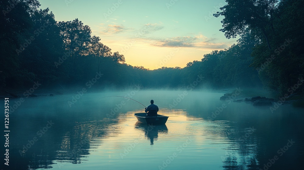 Fisherman dawn river solitude misty serenity Fisherman dawn river solitude misty serenity