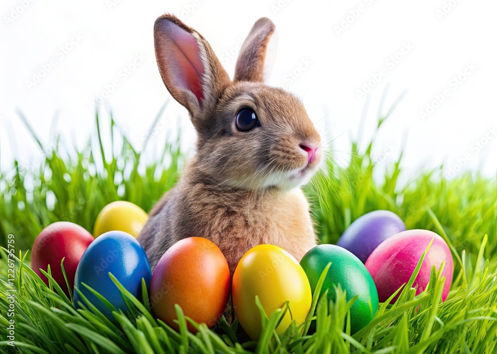 Fototapeta premium Easter Bunny Macro Grass Eggs White Background AI Photo