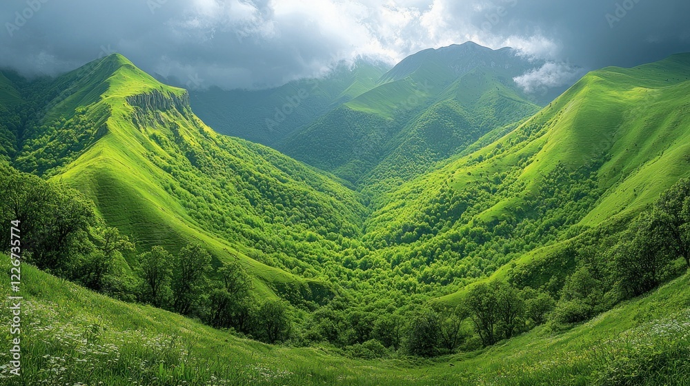 Fototapeta premium Lush green valley between mountains under cloudy sky.