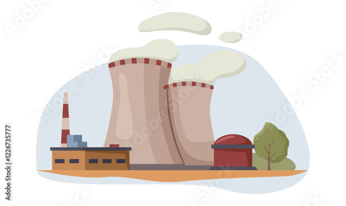 Nuclear power plant with cooling towers, buildings, and a tree on light background. Concept of energy production. Vector illustration