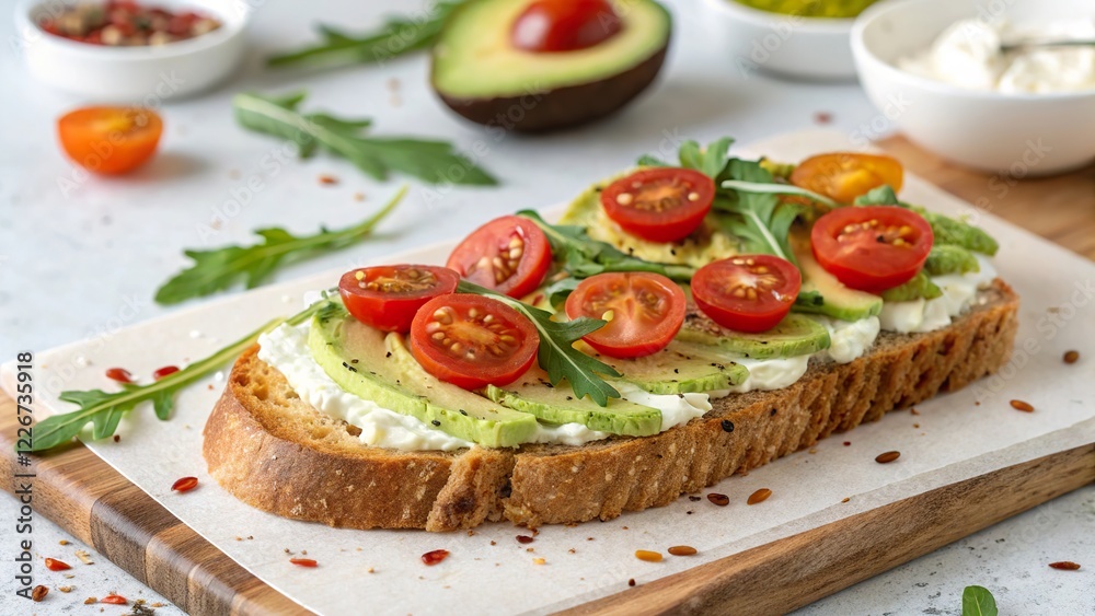 Freshly prepared avocado toast topped with cherry tomatoes and arugula in a bright kitchen setting Freshly prepared avocado toast topped with cherry tomatoes and arugula in a bright kitchen setting