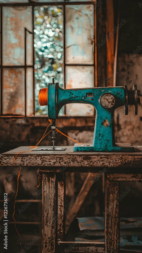 Rustic teal sewing machine sits on weathered wooden table in abandoned building, sunlight through window Rustic teal sewing machine sits on weathered wooden table in abandoned building, sunlight through window