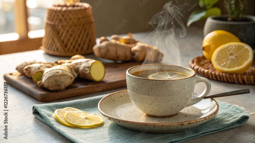 Fresh ginger lemon tea placed on a table with ginger roots and lemon slices in a bright, cozy setting during the afternoon Fresh ginger lemon tea placed on a table with ginger roots and lemon slices in a bright, cozy setting during the afternoon