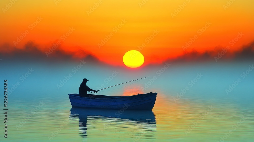 Fisherman sunset boat lake misty sunrise peace