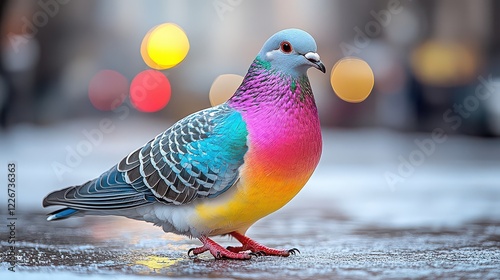 Colorful pigeon winter city bokeh photo