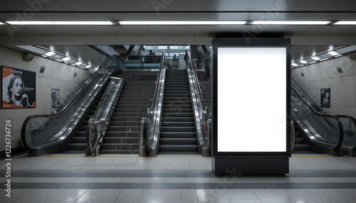 Wallpaper Mural Blank white banner at subway station, Mock up blank advertising billboard near escalator building, Empty space, insert advertisement or information, Generative Ai Torontodigital.ca