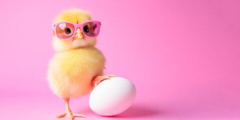 happy easter concept holiday greeting card - Cool cute chick with sunglasses and easter egg, isolated on pink background
