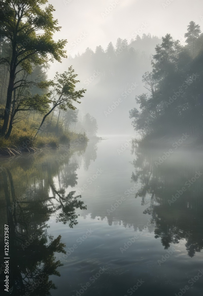 Morning mist rising over a serene lake near motorway , tranquility, lake Morning mist rising over a serene lake near motorway , tranquility, lake