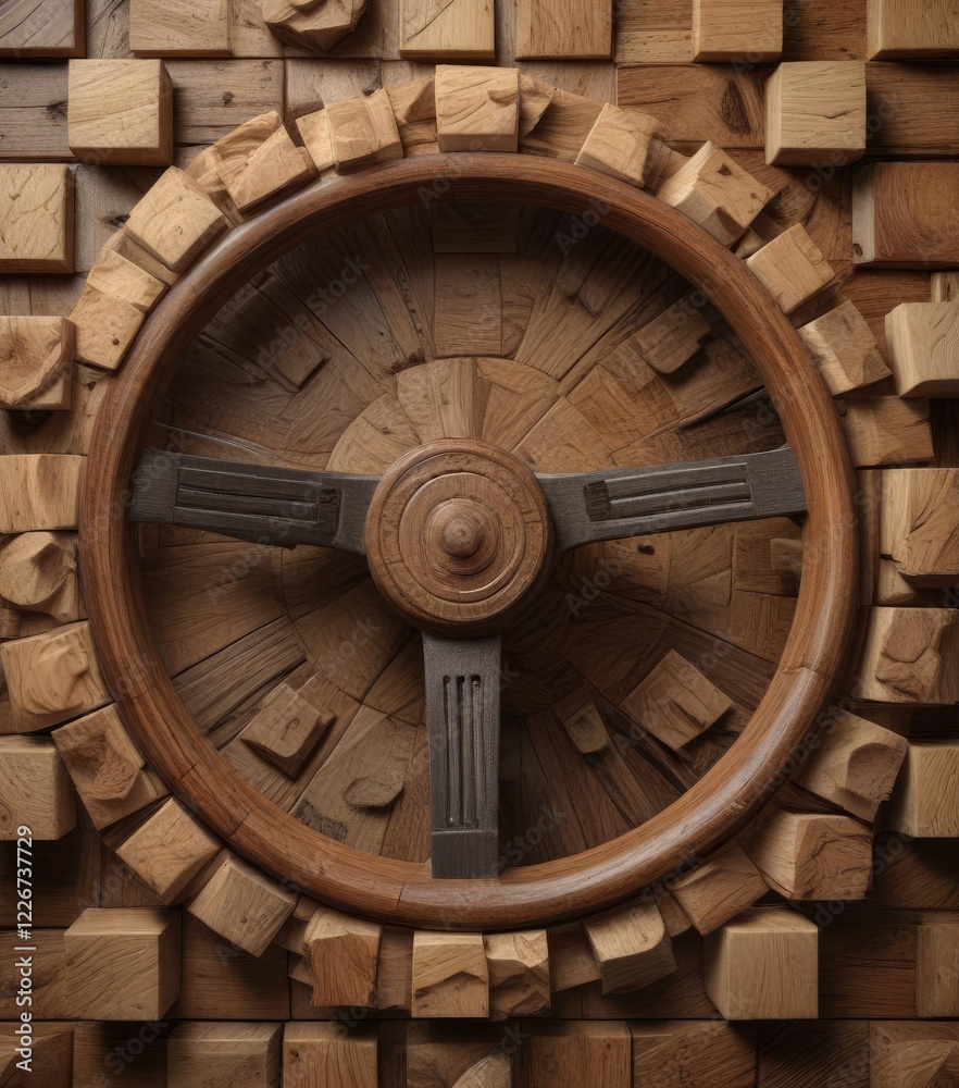 Mosaic of various textured wooden cubes forming a backdrop with an empty steering wheel, textured, steering wheel, cubes Mosaic of various textured wooden cubes forming a backdrop with an empty steering wheel, textured, steering wheel, cubes