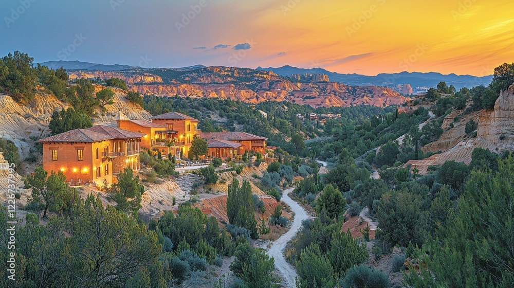 Fototapeta premium Luxury houses nestled in a scenic desert canyon at sunset.