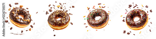 Chocolate Hanukkah donut flying through the air, toppings scattering, rich chocolate glaze, isolated on white background. Collection Png.