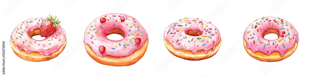 Flat style illustration of a strawberry Hanukkah donut, vibrant pink tones, detailed sprinkles, isolated on white background. Flat style illustration of a strawberry Hanukkah donut, vibrant pink tones, detailed sprinkles, isolated on white background.