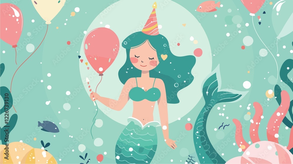 Happy Mermaid with Birthday Balloons Flat Vector Illustration