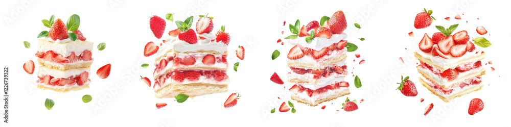 Strawberry lasagna slice flying through the air, showcasing its creamy layers and strawberry pieces, isolated on white background. Collection Png. Strawberry lasagna slice flying through the air, showcasing its creamy layers and strawberry pieces, isolated on white background. Collection Png.