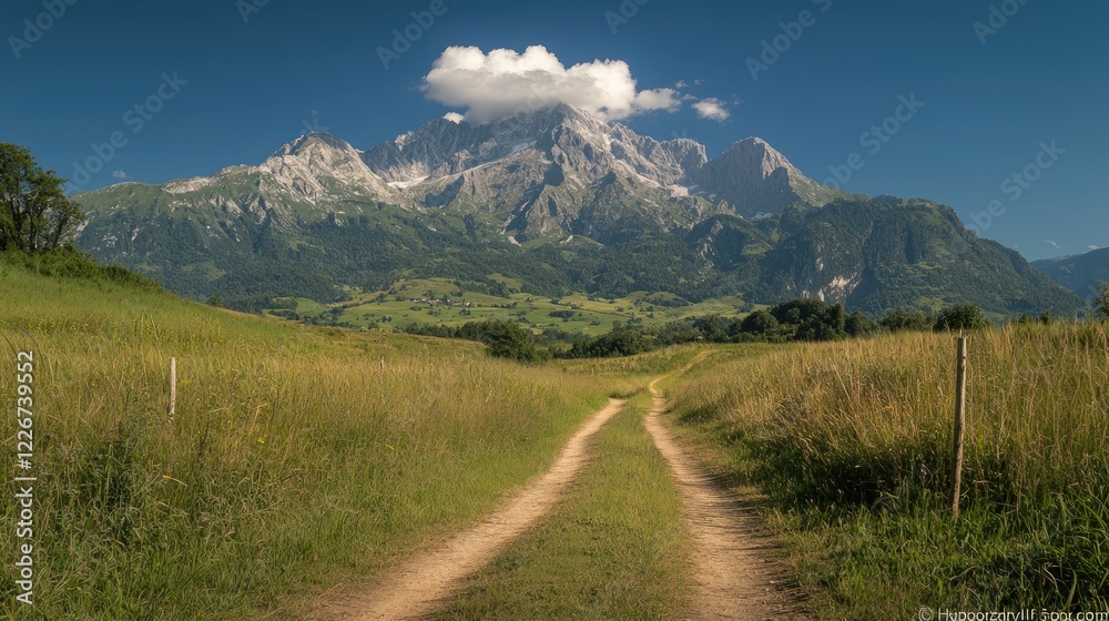 Fototapeta premium Mountain Path Rural Road leading to Majestic Alpine Peaks under a Blue Sky. Use Travel Brochure