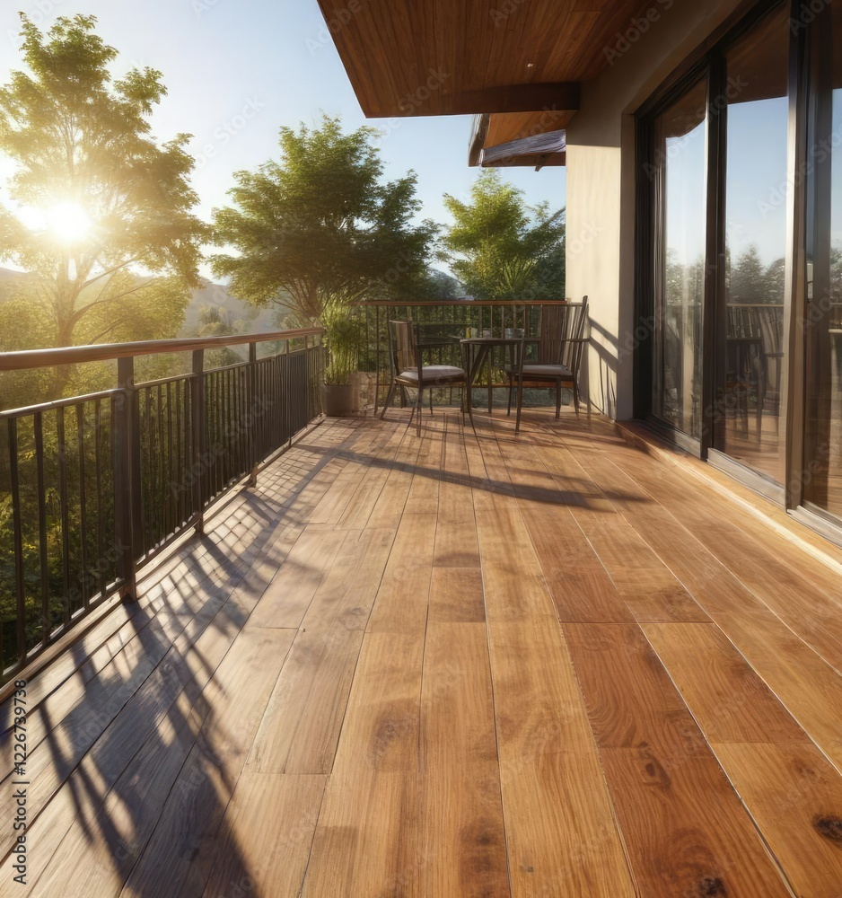 Outdoor wooden decking and balcony in sunlight, sunlit, relaxation, leisure Outdoor wooden decking and balcony in sunlight, sunlit, relaxation, leisure