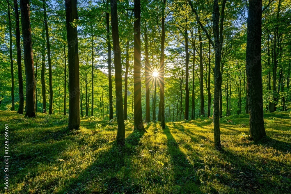 Observing the sun peeking through the trees in a forest is a serene experience Observing the sun peeking through the trees in a forest is a serene experience