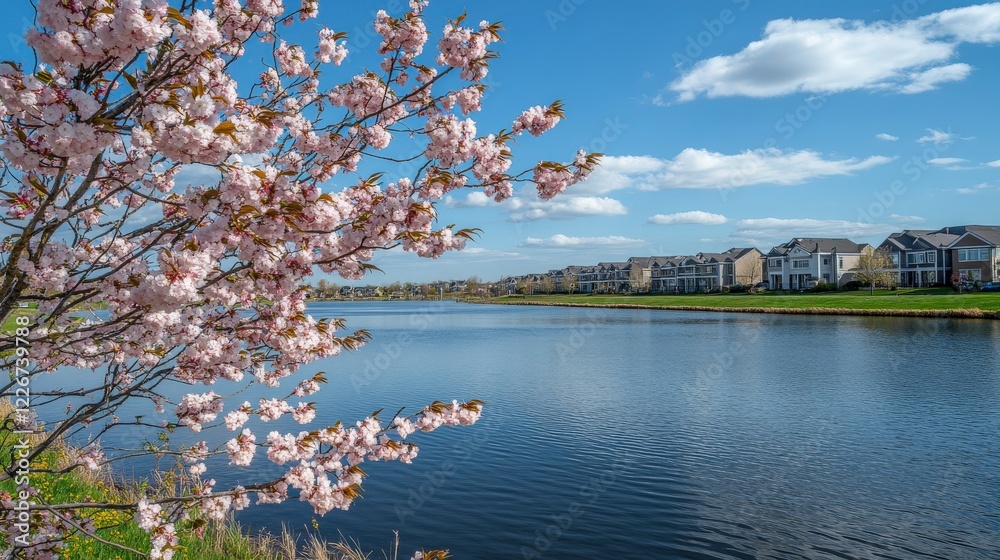 Beautiful Sakura Tree in Full Bloom Beside a Calm River with Colorful Petals Drifting Beautiful Sakura Tree in Full Bloom Beside a Calm River with Colorful Petals Drifting