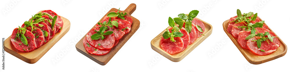 Beef carpaccio plate on a wooden tray, garnished with herbs, isolated on white background. Collection Png.