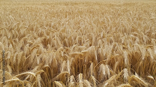 Field of wheat in sunny day, close up of ripening wheat ears, crops field, rural landscape