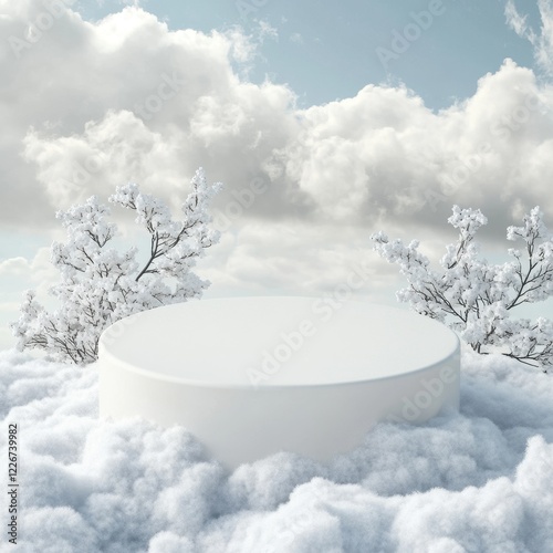 Soft White Platform Surrounded by Fluffy Clouds and Trees