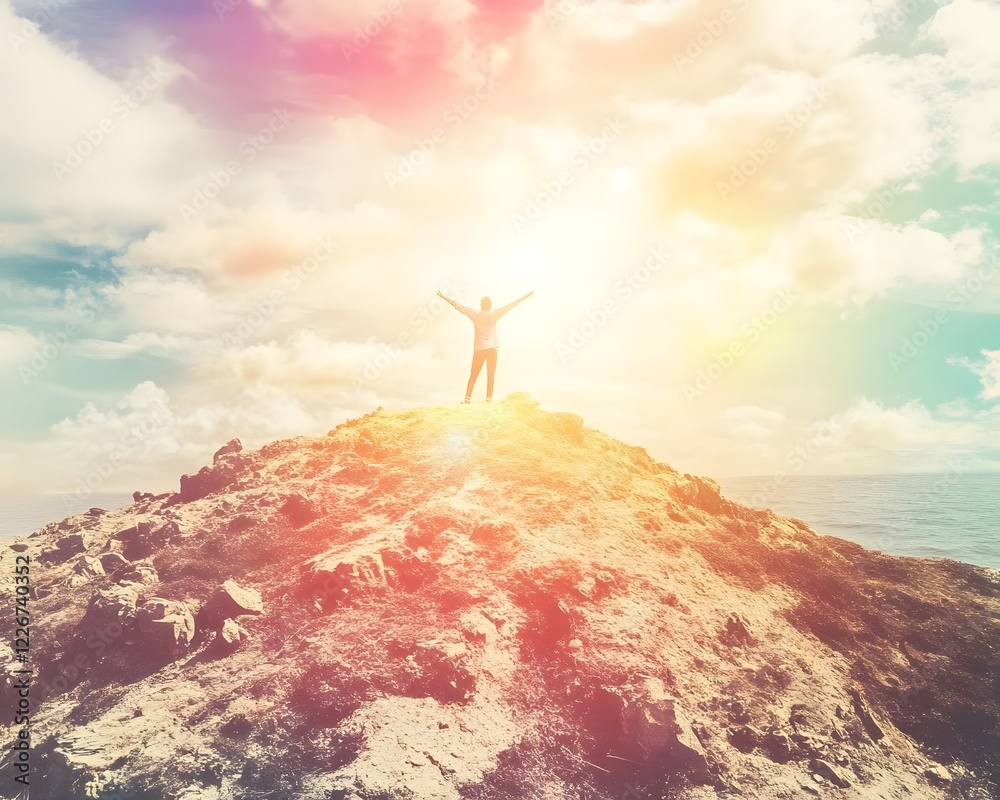 A person stands triumphantly on a rocky outcrop, embracing the vibrant sunset. A person stands triumphantly on a rocky outcrop, embracing the vibrant sunset.