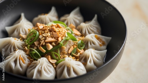 Close up of a black bowl filled with dumplings topped with chopped peanuts and scallions.