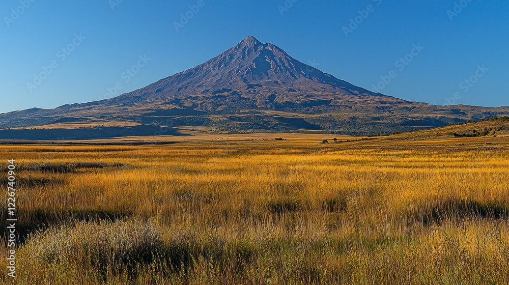 Majestic volcano rises above a golden grassland under a clear blue sky. Majestic volcano rises above a golden grassland under a clear blue sky.