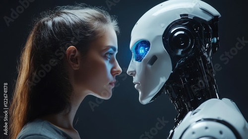 The face of a businessman and a robot opposite each other look into the eyes. Modern technologies, robot versus human, artificial intelligence, neural networks. 3D render, 3D illustration