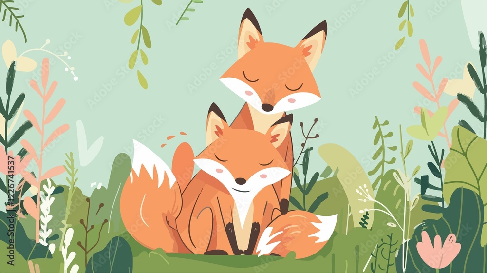 Fototapeta premium Mother's Day Foxes Flat Vector Illustration