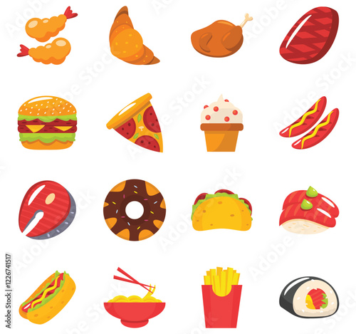 Colorful Japanese Fast Food With Flat Style Icons