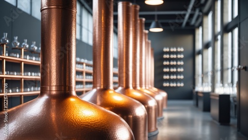 Copper stills shining in modern distillery producing alcoholic beverages. photo