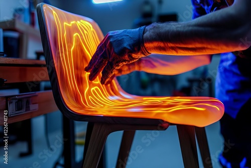 A carpenter applying a glowing resin finish to a customdesigned wooden chair, blending durability and aesthetics, neoninspired digital art photo