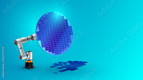 Robotic arm hold Semiconductors or Silicon Wafer on electronics factory. Semiconductor chips on circle wafer of silicon. Industrial technology process production electronics chips. Chip manufacturing.