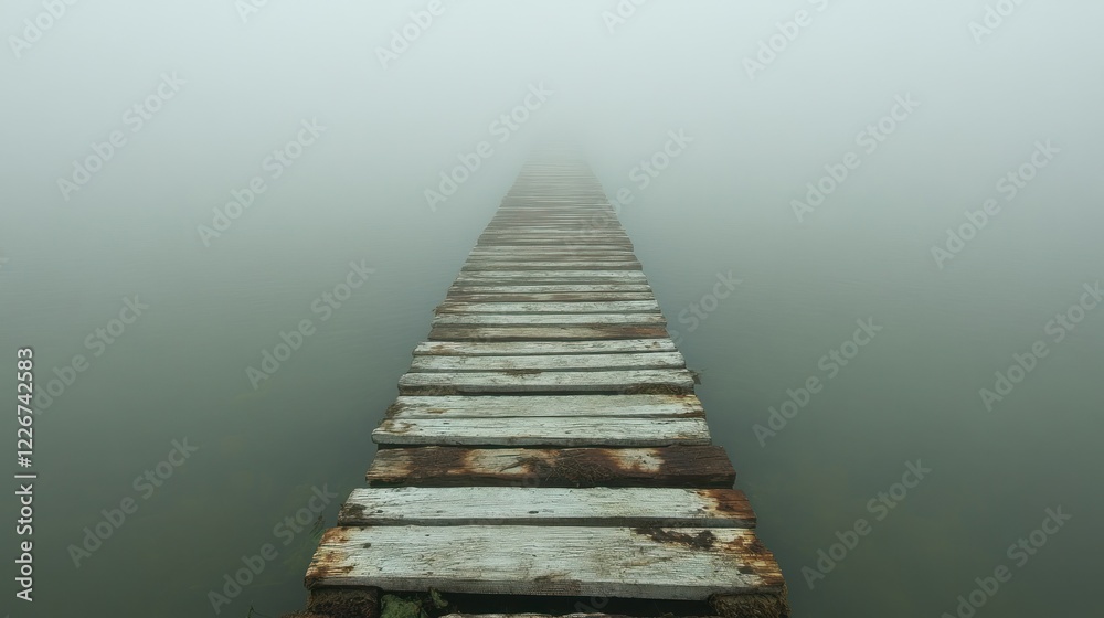 Obraz premium Foggy lake pier, misty path, serene scene, travel poster