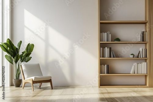 A minimalist wooden bookshelf with precise geometric lines, polished to perfection, set in a modern interior, in photorealistic style