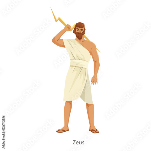 Illustration of Zeus, the Greek god, holding a lightning bolt in traditional attire on a white background. Concept of mythology and power. Vector illustration.