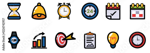 Colorful Time Management and Productivity With Filled Line Art Style Icons