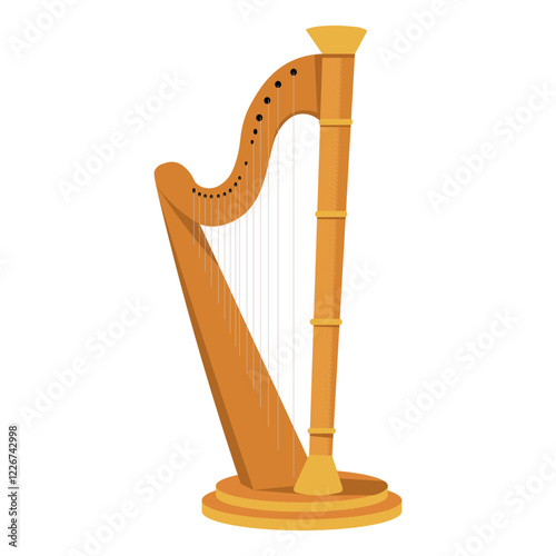 Bright orange and gold harp with intricate strings, displayed on a clean white backdrop. Concept of music, instruments, and art. Vector illustration