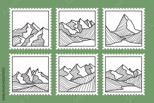 Set of stamp post mail retro with mountain line art vector illustration, postage sticker collection, etc