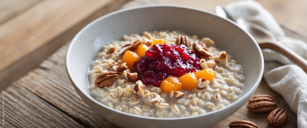 Delicious bowl of oatmeal topped with fruit preserve and nuts served on a wooden table during breakfast time. Delicious bowl of oatmeal topped with fruit preserve and nuts served on a wooden table during breakfast time.